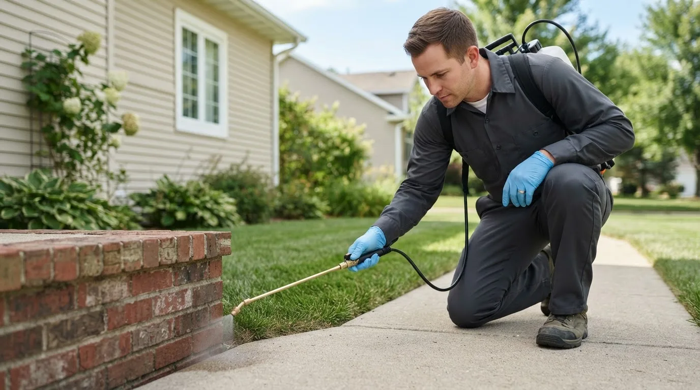Pest control technician treating a home near Deloit, IA