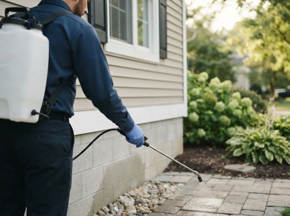 Pest control technician inspecting a home in Deloit, IA